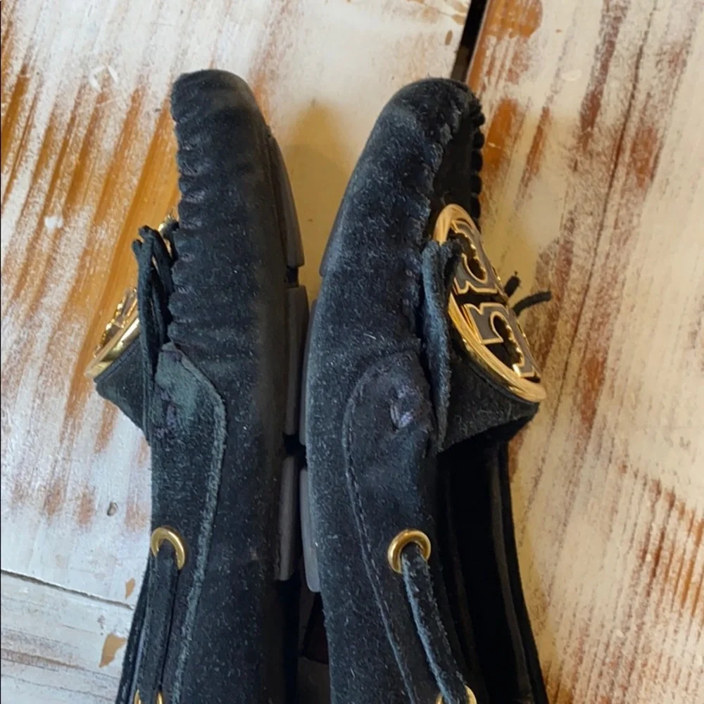 Tory Burch Black Gold Logo Suede Leather Loafer Shoes Size 6.5